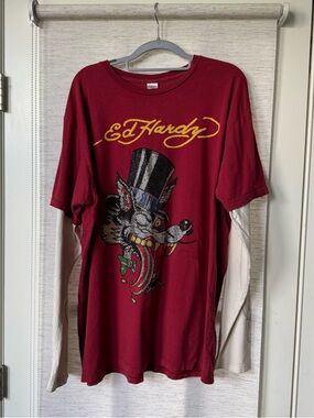 Vintage Ed Hardy Rhinestone Wolf T-Shirt Maroon XL